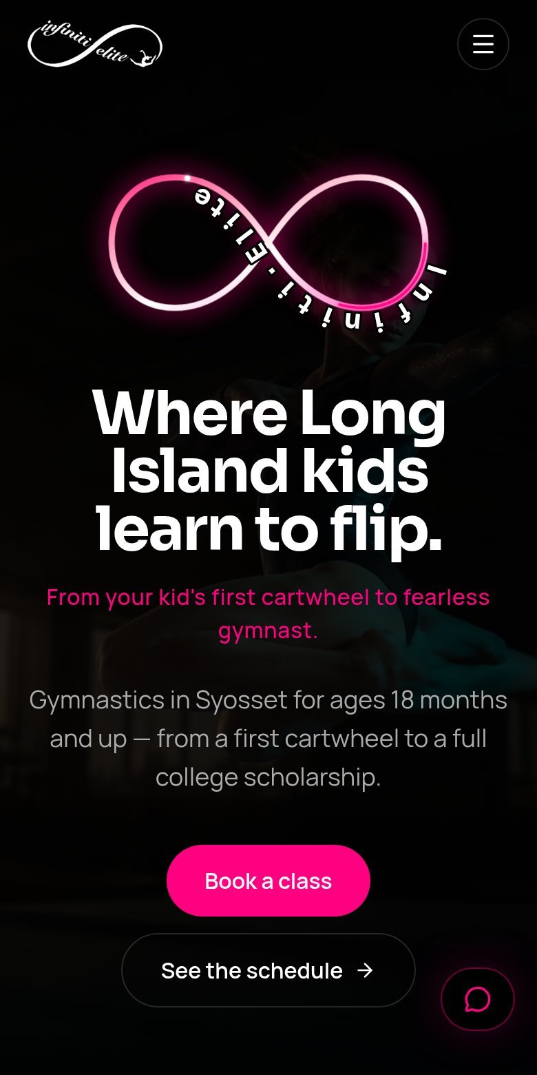 Infiniti Elite Gymnastics homepage on a phone